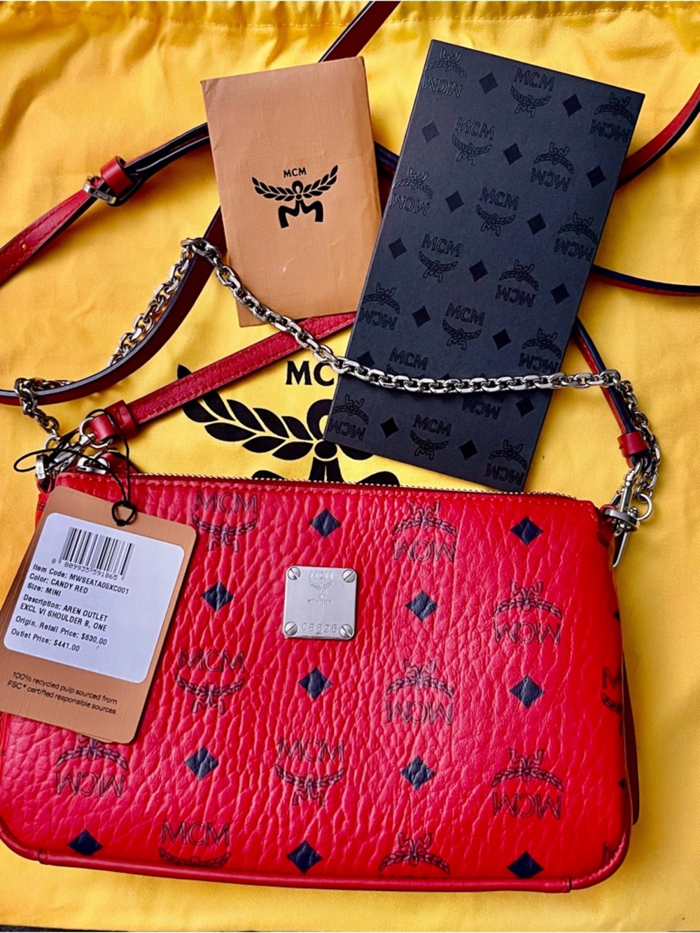 MCM Red Visetos Monogram Leather Crossbody with Chain Strap